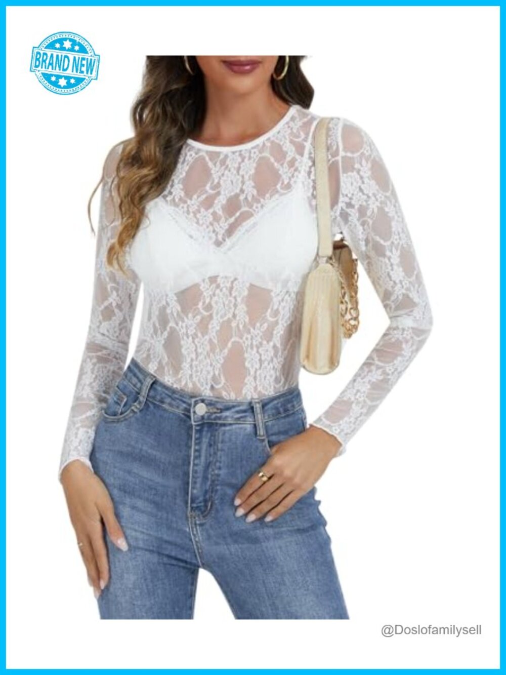 Lace Sheer Floral Long Sleeve Crew Neck Blouse for Women